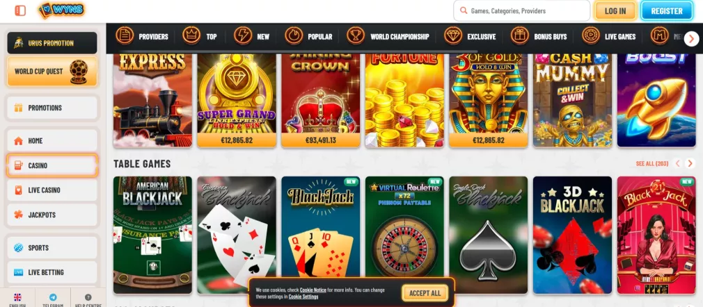 Wyns Casino Bonus 500 Euro und Freispiele